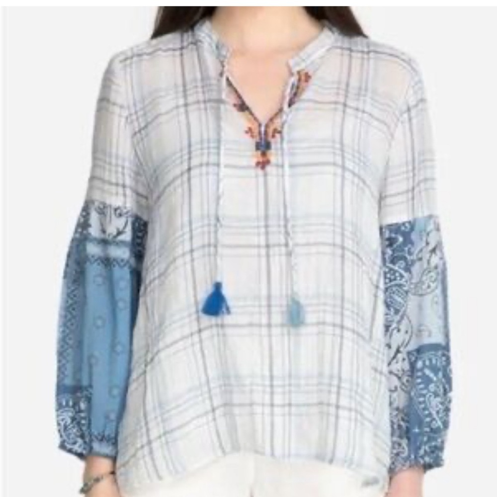 Johnny Was Workshop Blue Bandana and Plaid Blouse XS NWT